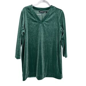 Lands End Green Velvet Top Womens L 3/4 Sleeve Stretchy Casual Holiday Flawed